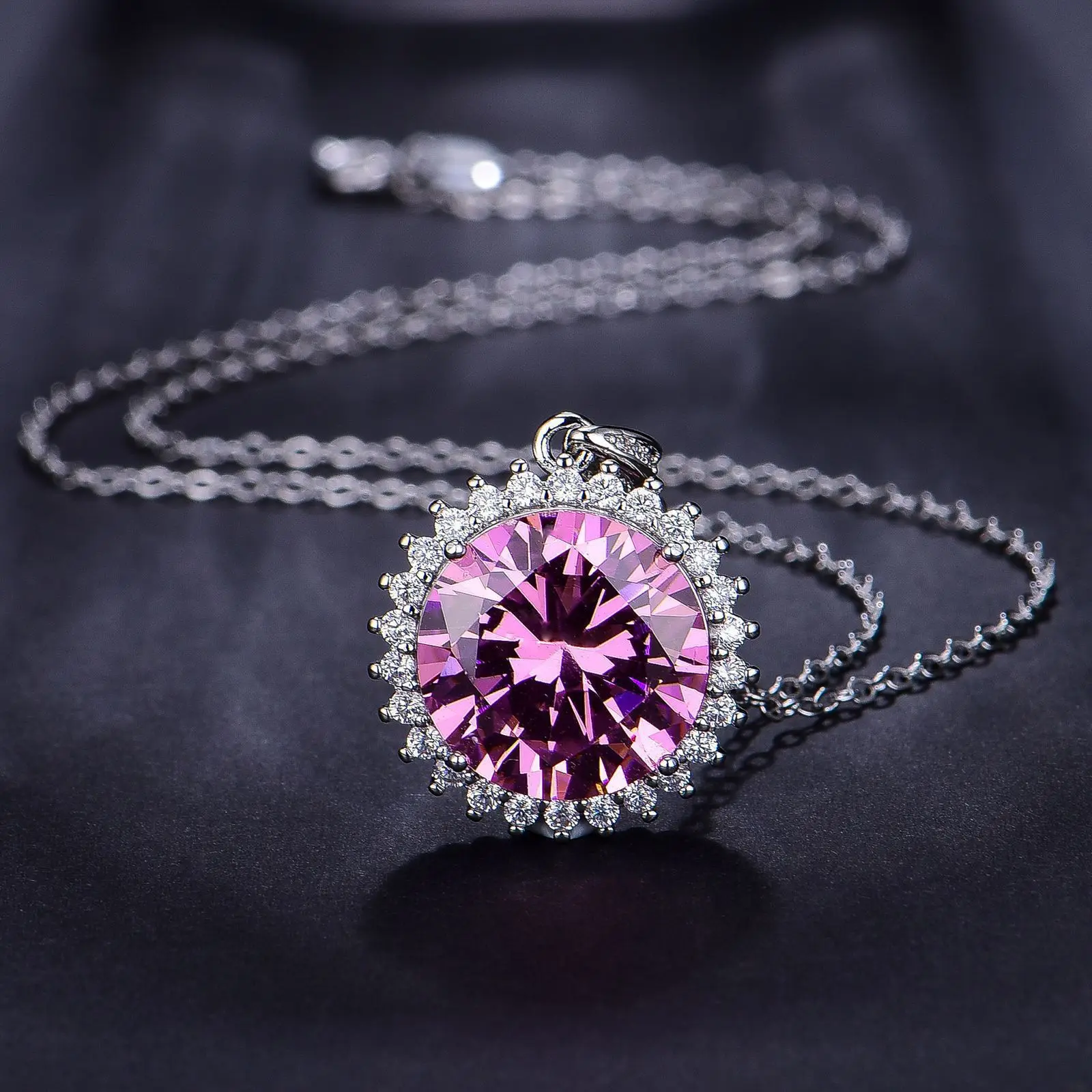 PT950 Pink Tourmaline Round Full-Diamond Beaded Pendant for Women - Super Popular on Live Streams and Best-Selling