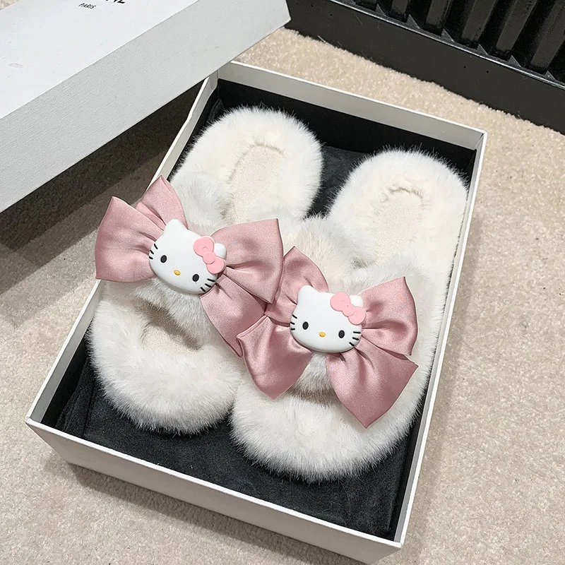 Ins Same Style New Cartoon Hello Kitty Princess Style Plush Slippers Girl Heart Bow Tie Autumn and Winter Home Fur Slippers