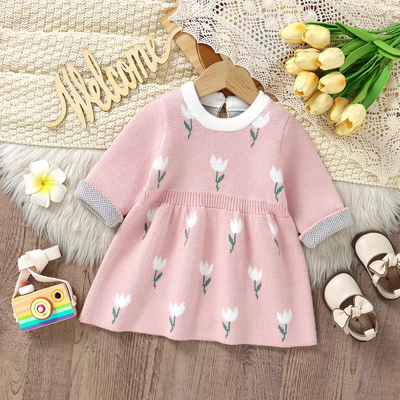 Autumn Baby Sweater Dress Knit Infant Girl Skirt Fashion Cute Tulip Children Clothing Long Sleeve Warm Princess Dresses Overalls