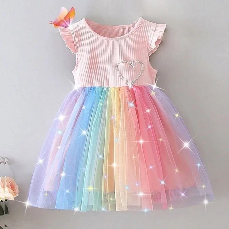 Flying Sleeve Girls Colorful Dress Summer Kids Rainbow Mesh Party Dresses Children Clothing Vestidos Outfits