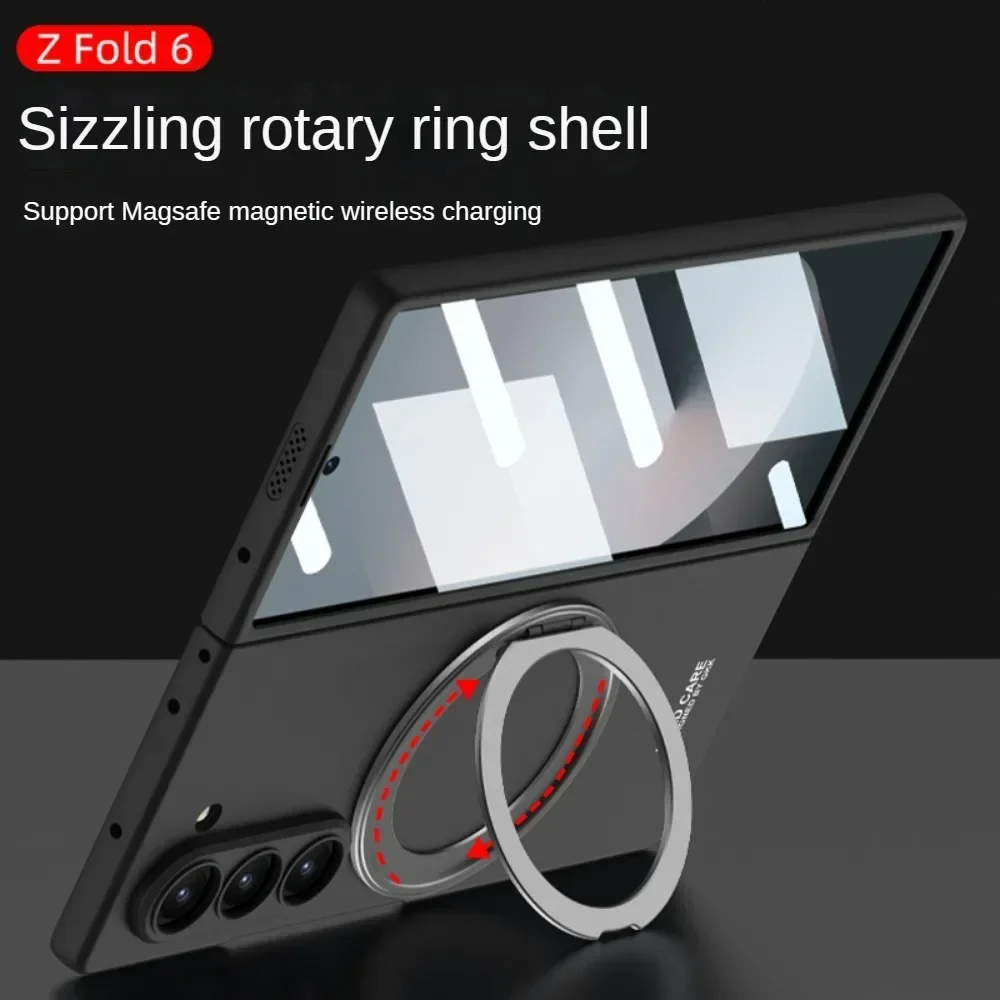 For Samsung Galaxy Z Fold 6 Magsafe Case Matte Magnetic Wireless Charging Rotating Ring Holder Tempered Film Shockproof Cover