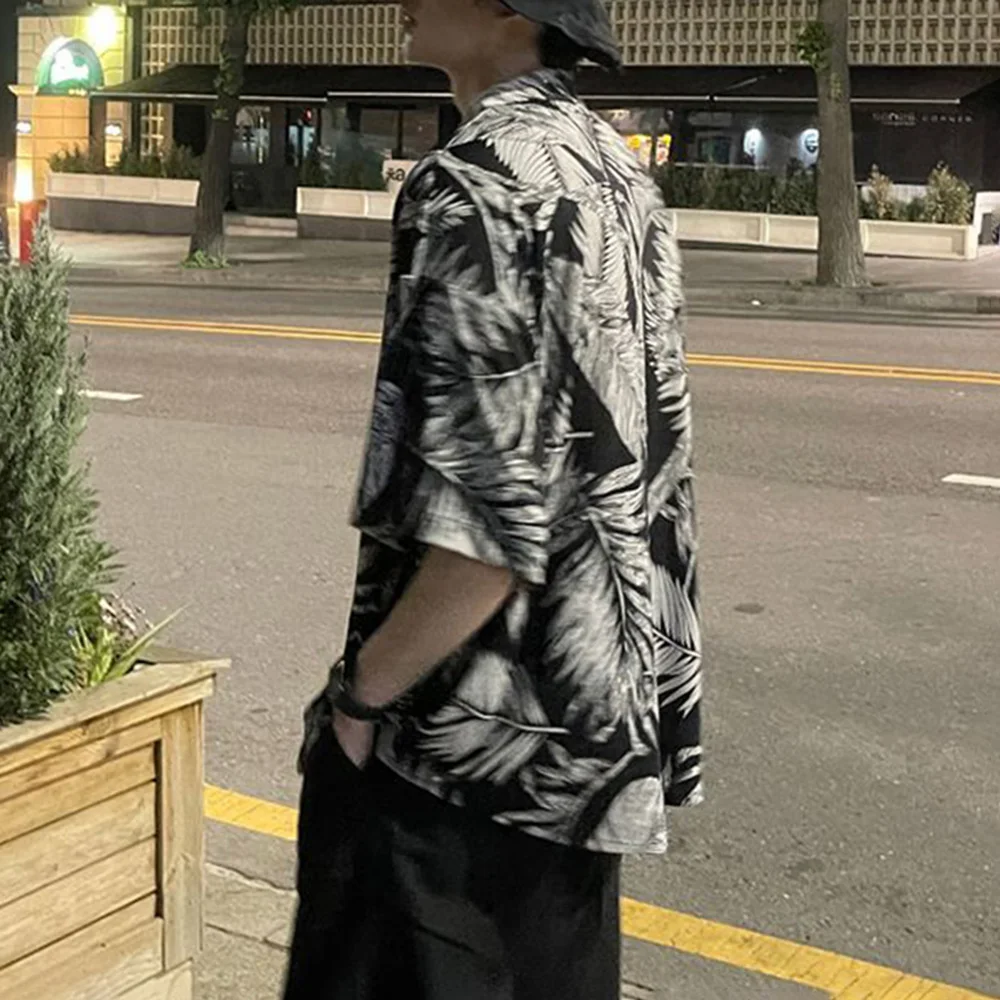 Y2k Mens Shirt Full Leaf Print Shirt Summer Japanese Street Wear Personality All-Match Youth Trend Thin Tops Men'S Clothing 2024