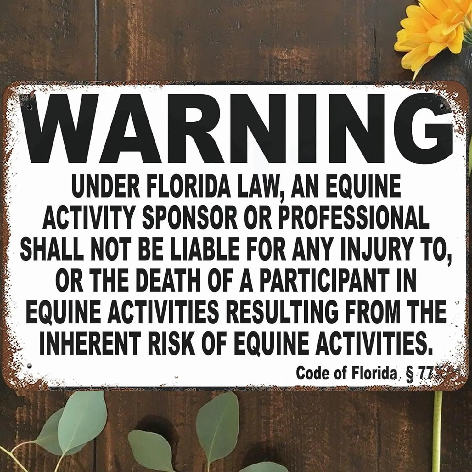 Vintage Metal Tin Sign ;, Warning Florida Equine Liability Wall Art Decor, Inform Patrons At Horse Riding Facility Of Company Ru