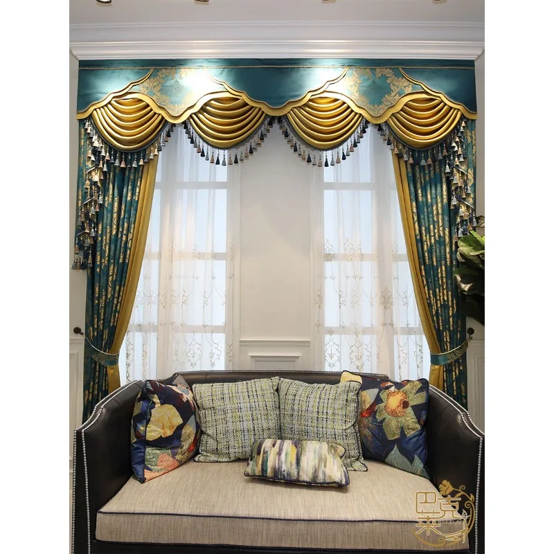 Villa European luxury atmosphere high-end living room American dark green jacquard blackout custom curtains Mantle embroidery ya