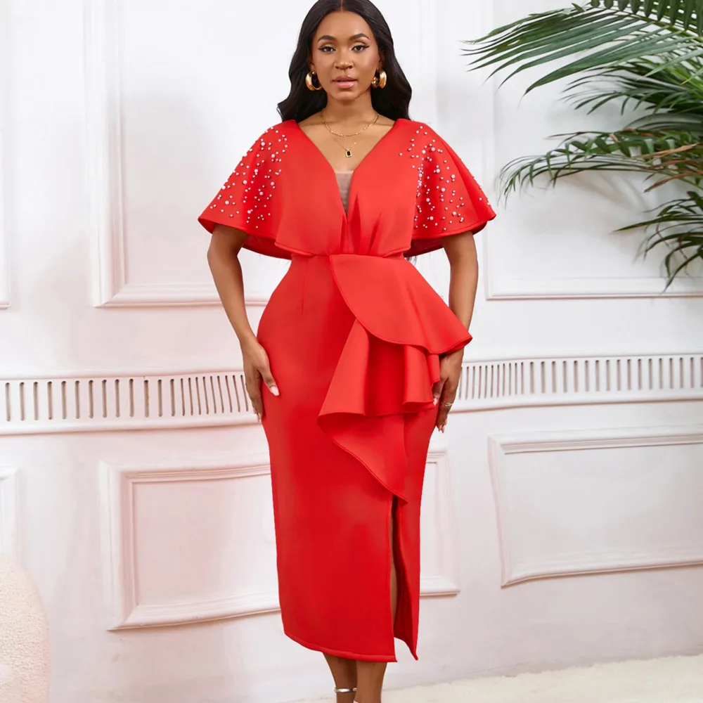 

African Formal Dress Summer Sexy V-neck Ruffle Edge Split Pin Bead Evening Dress Celebrity Style Banquet Evening Party Dress