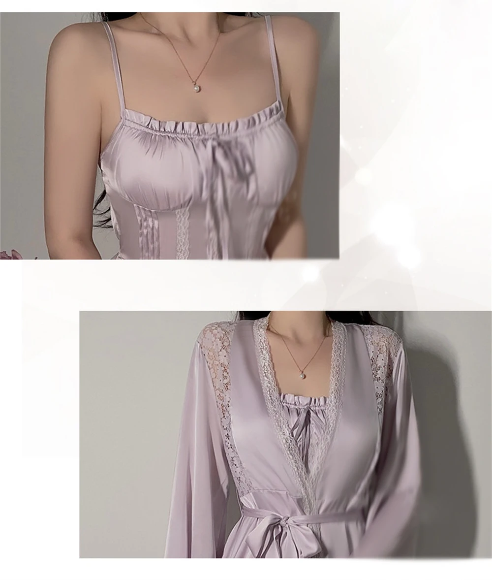 Simple Sexy V-neck Lace-up Satin Nightdress With Chest Pads Ladies Long Robe Sleepwear Homewear Elegant Long-sleeved Nightgown