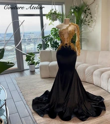 Gold Beaded Crystal One Shoulder Long Sleeve Black Velvet Prom Dresses 2024 African Mermaid Party Evening Dress Customized