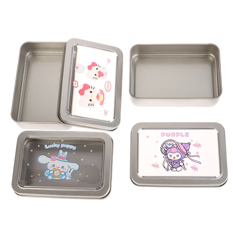 Cartoon Sanrio Hello Kitty Cinnamoroll Kuromi Square Window Opening Jewelry Tin Box Storage Desktop Iron Box Mini Storage