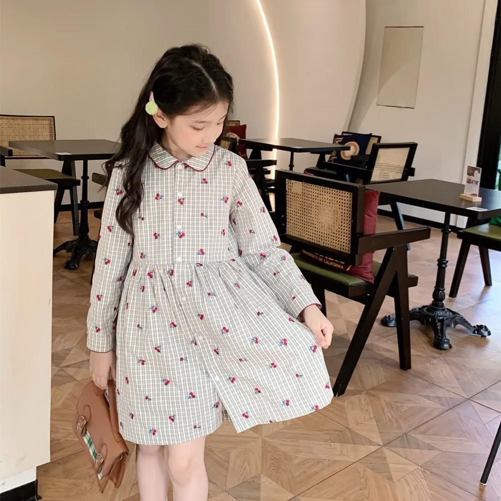 

spring girls dress baby clothes Cherry patterned embroidered girls' dress Long sleeved checkered pattern student style dress