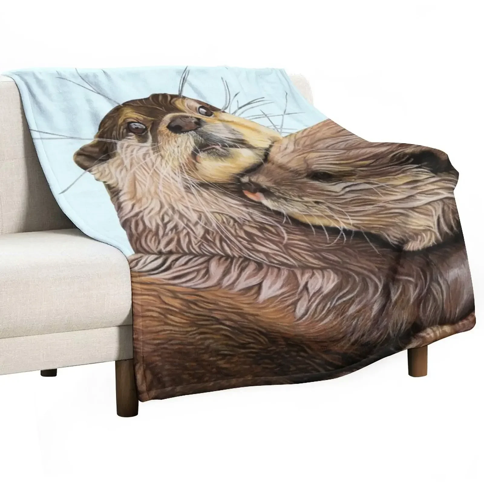 Copy of Otter couple - Otter art wall art wildlife art mate family swim Throw Blanket Thin Plaid on the sofa Blankets