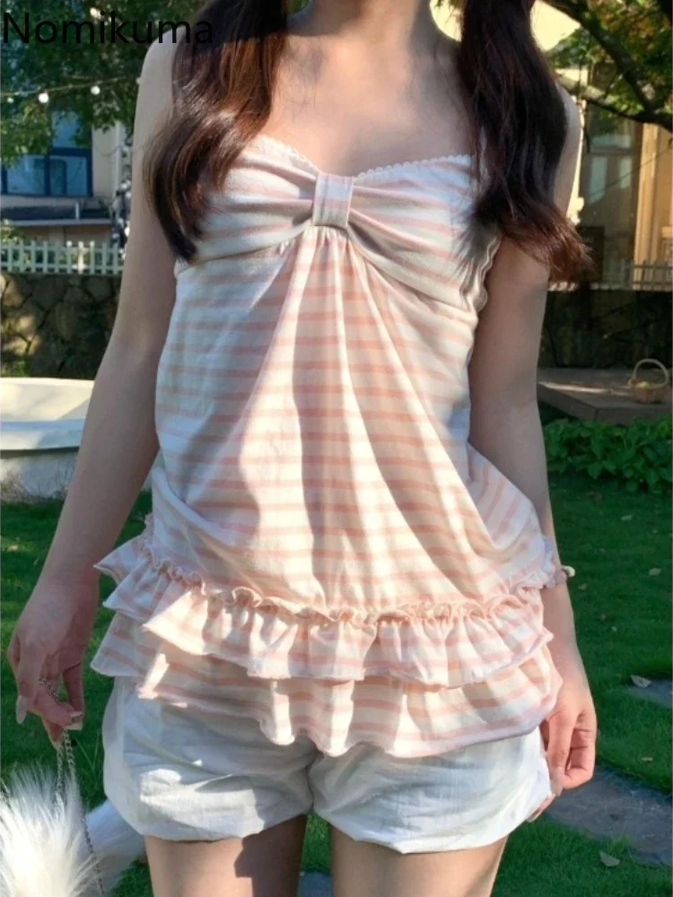 

Милая женская одежда без рукавов, винтажные полосатые футболки, модные футболки, летние облегающие футболки с оборками, майка Y2k, укороченные топы, новинка