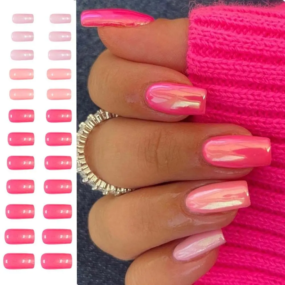 New Long Square False Nails French Aurora Peach Color Fake Nials Full Cover Detachable Nail Tips DIY
