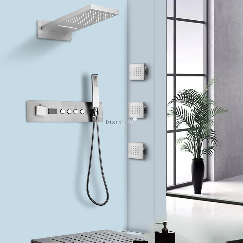 

Brushed Nickel Ceiling Rain Waterfall Shower System 4 Function Thermostatic Shower Head Set