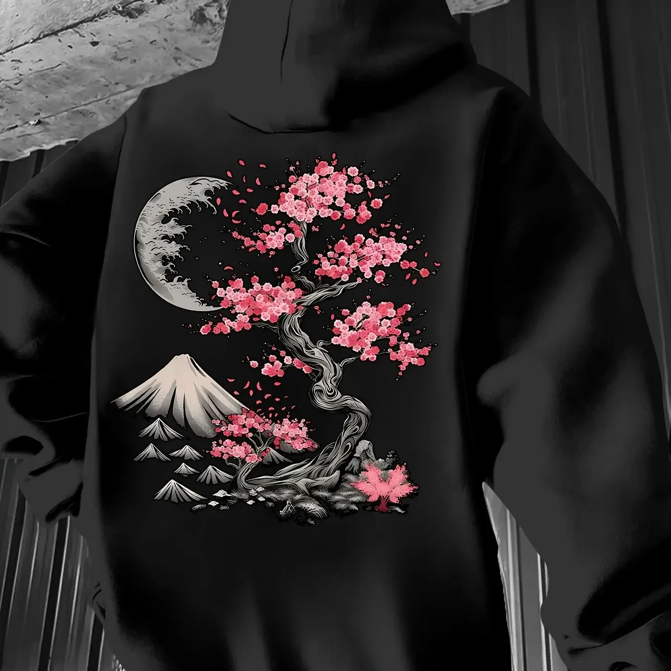 Men'S Stylish Print Hoodie Featuring a 'Cherry Blossom Tree' Design with Drawstrings