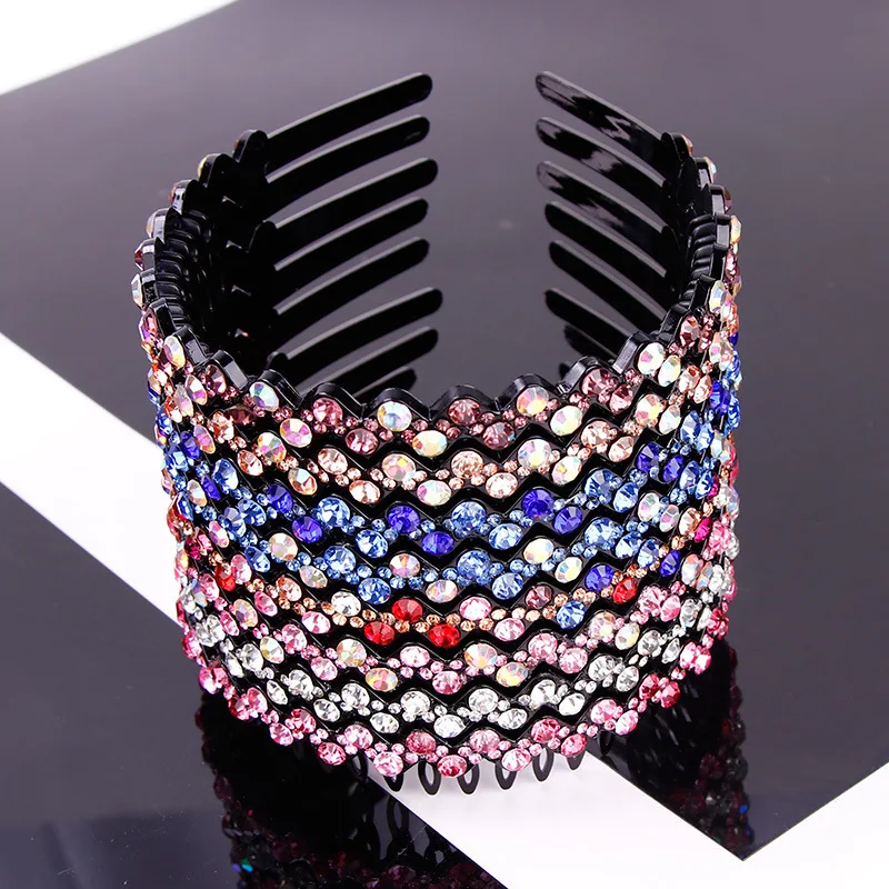 New Korea Rhinestone Woman Hair Hoop Wave Combs Black Plastic With Tooth Non Slip Hair Band Hair Accessories for Women Wholesale