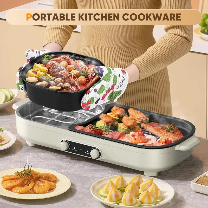 SEAAN Hot Pot Electric with Grill - Korean BBQ Grill Indoor and Shabu Shabu Pot, Removable Hotpot Pot & KBBQ Grill,- Non-Stick