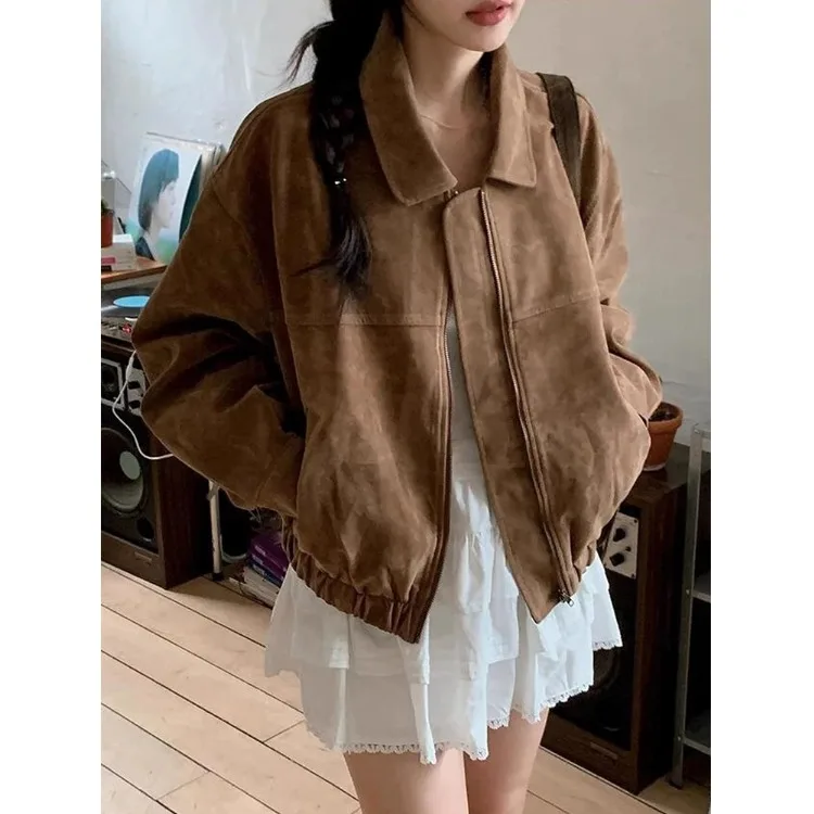 

Retro Style Women's Jacket Zipper Leather Velvet Waist Cinching Slimming Short Coat Casual Style Spring Autumn New Arrival