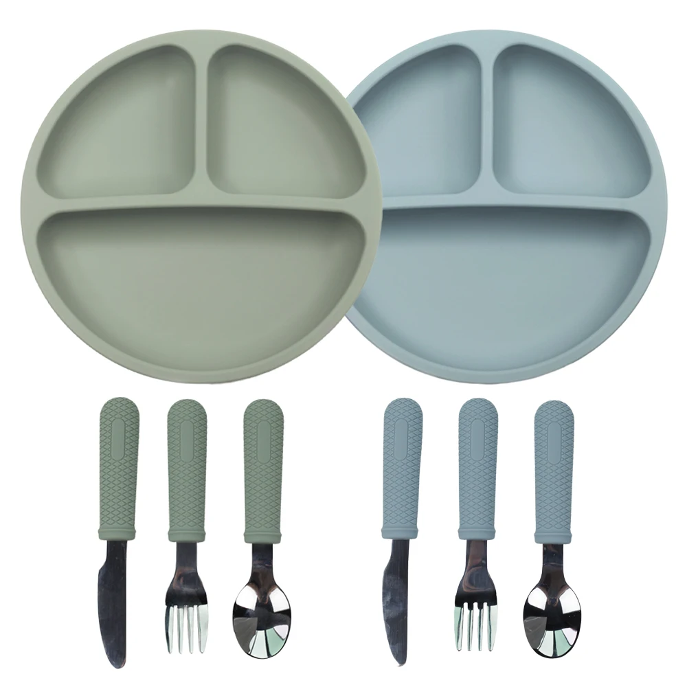 

silicone suction plate with stainsless spoon fork knife kitchenware silicone baby feeding set