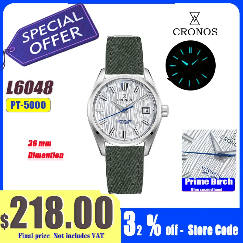 CCronos Men Watches 36mm Automatic PT5000 Miyota 9015 Movement Wristwatches White Dial Birch Pattern Sapphire 10 ATM L6049M