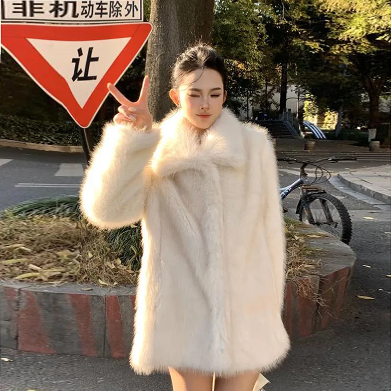 2024 Gentle white furry fox fur coat, women's fur one-piece faux fur top