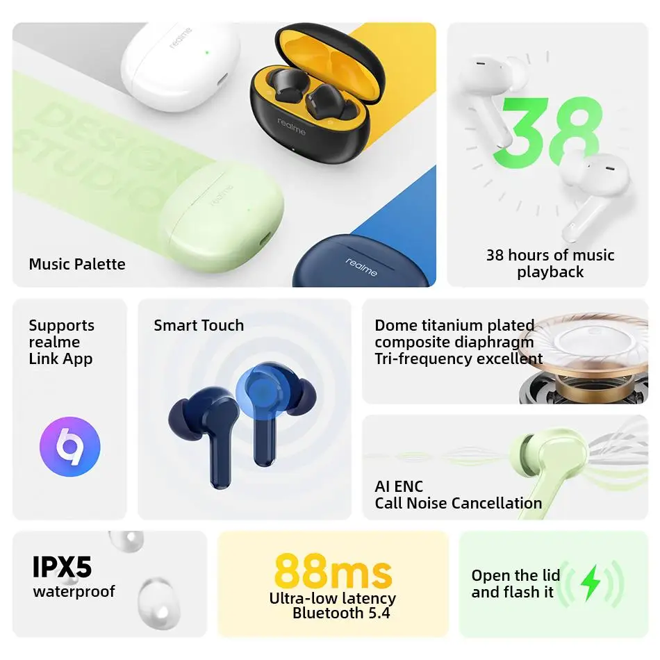 Global Version realme Buds T110 TWS Earphone Bluetooth 5.4 AI ENC Call Cancelling Wireless Headphone 38 Hour Battery Life IPX5