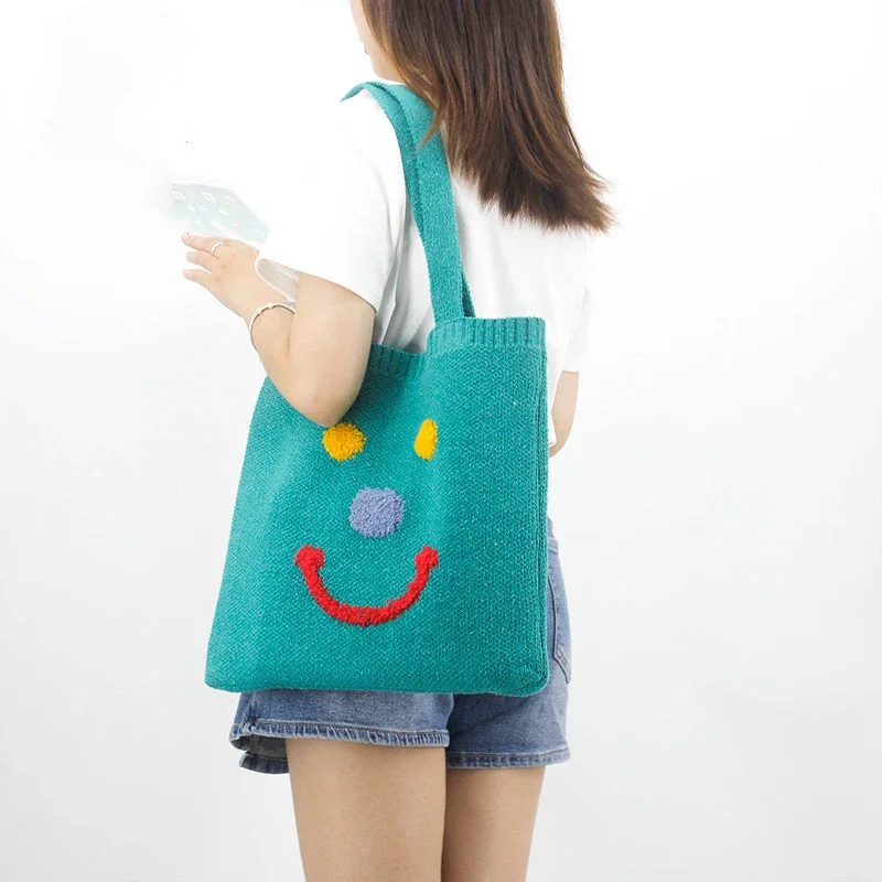 Female Korean Fashion Smiling Face Embroidery Crochet Big Capacity Tote Bag 2024 Japanese Trend Woven Knitted Stylish Pouch Bag