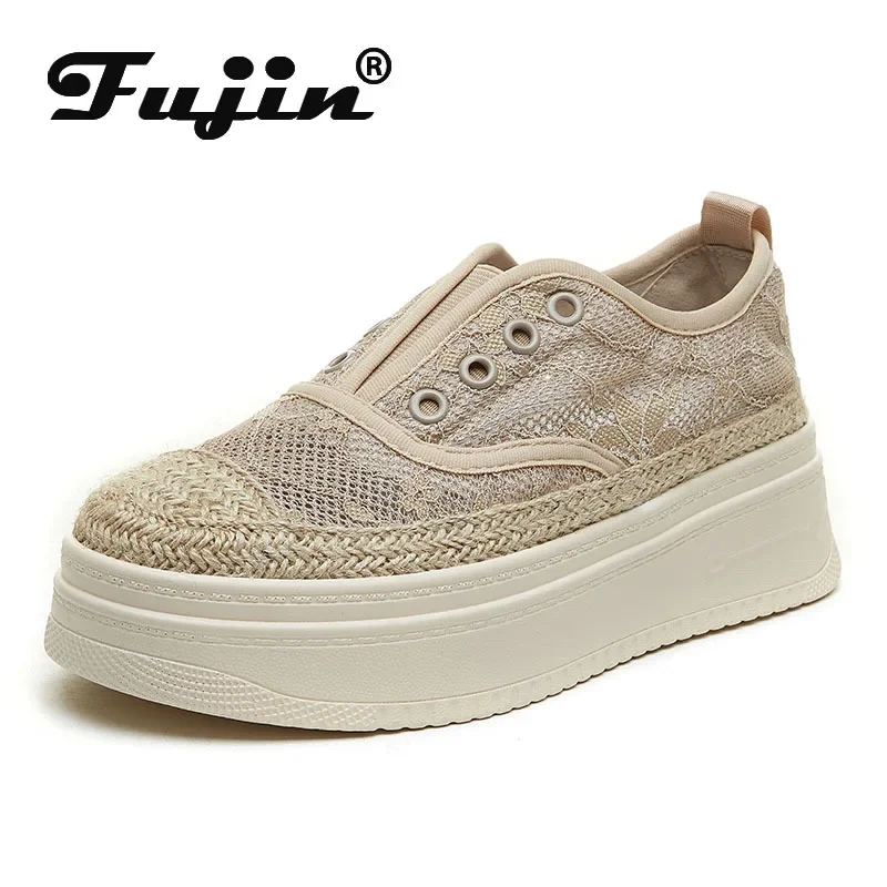 Fujin 5cm Women Loafers Platform Shoes Flats Slip on Air Mesh Women Summer Shoes Slipon Fishermen Shoes Slippers Breathable