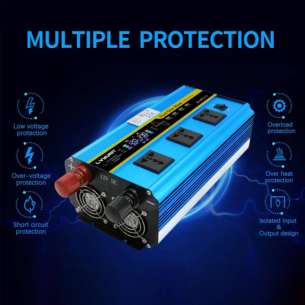 5000W Pure Sine Wave Power Inverter DC12V/24V to AC220V Car Voltage Converter 3AC Socket 4USB Port LCD For RV Camping Emergency
