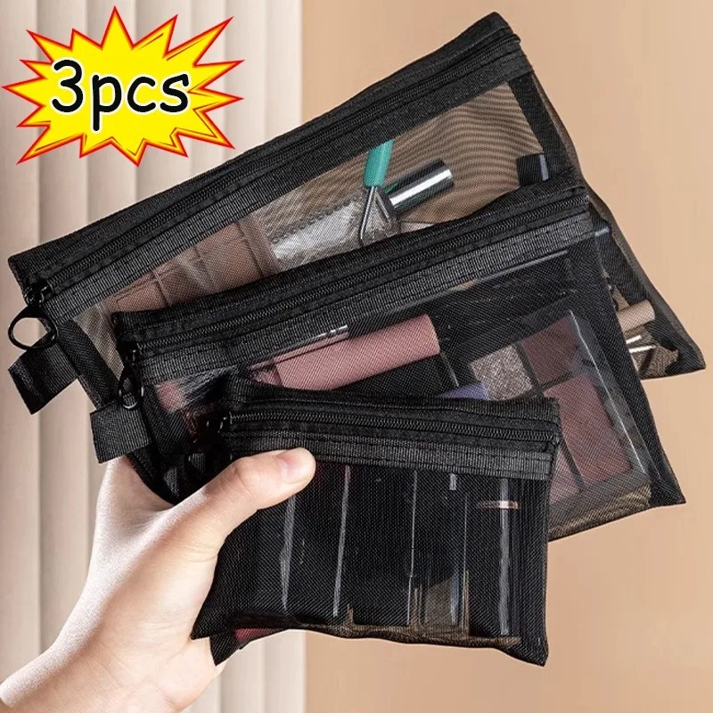 3pcs Mesh Clear Cosmetic Bags S/M/L Size Black Makeup Bag Portable Outdoors Travel Organizer Case Lipstick Storage Pouch Gifts