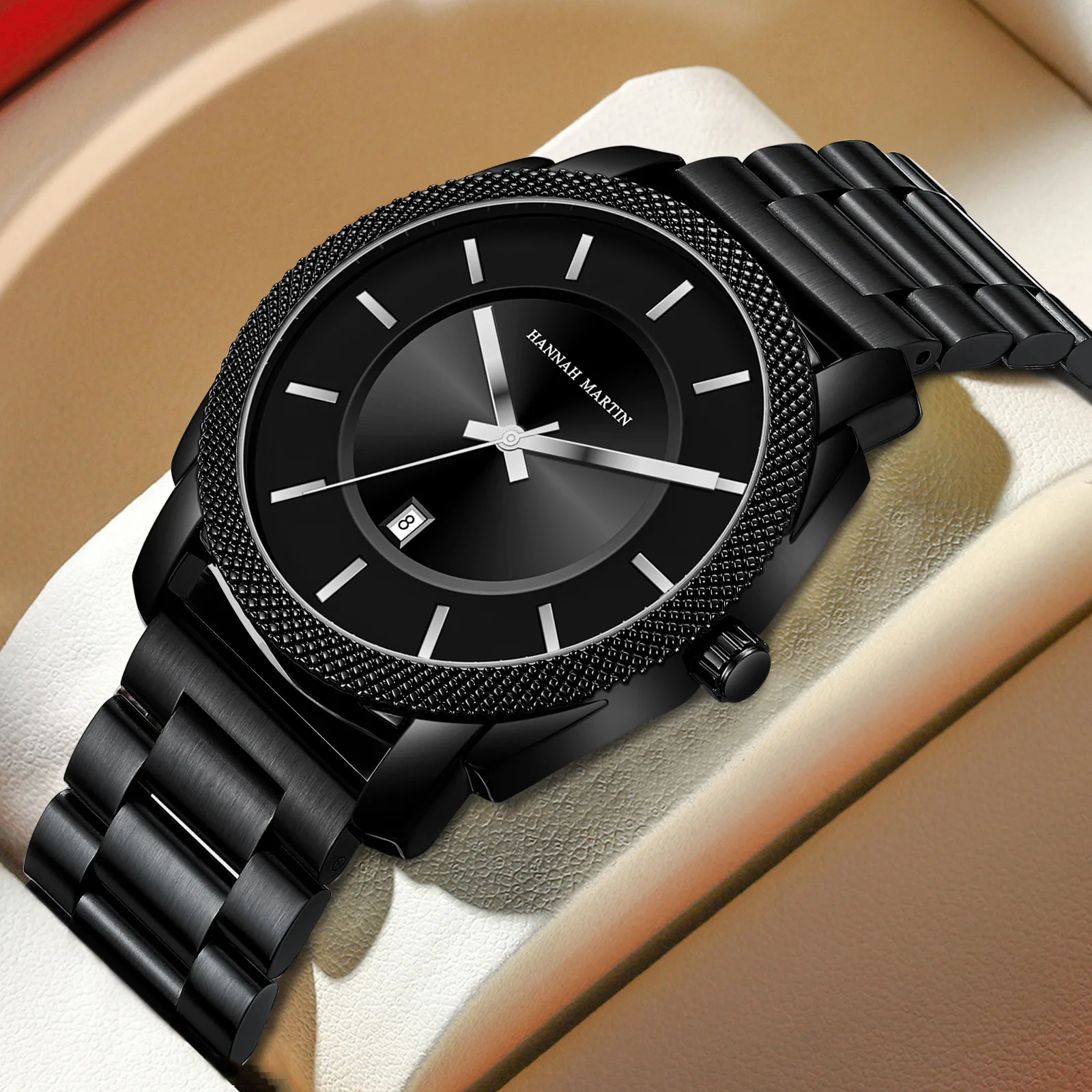 HANNAH MARTIN Watches for Men 1452 Black Luxury Quartz Watch Stainless Steel Strap Waterproof Mens Watches Relogios Masculino