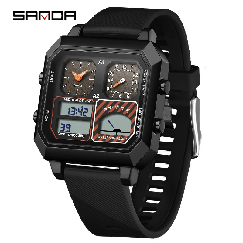 

SANDA 6210 Men's Electronic Watch Multifunctional Smart Thermometer Clock Sport Unique Silicone Strap Wristwatch for Male Gift