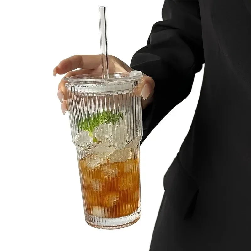 1 600ML striped cup with lid, milk iced coffee cup, beverage cup image 6