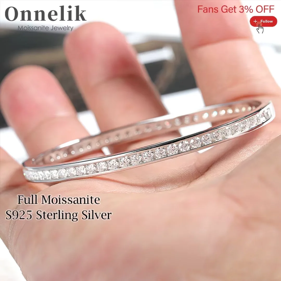 

Onnelik GRA Certified 2.5mm All Moissanite Bangles S925 Silver Sterling Spring Buckle Bracelets for Women Wedding Party Jewelry