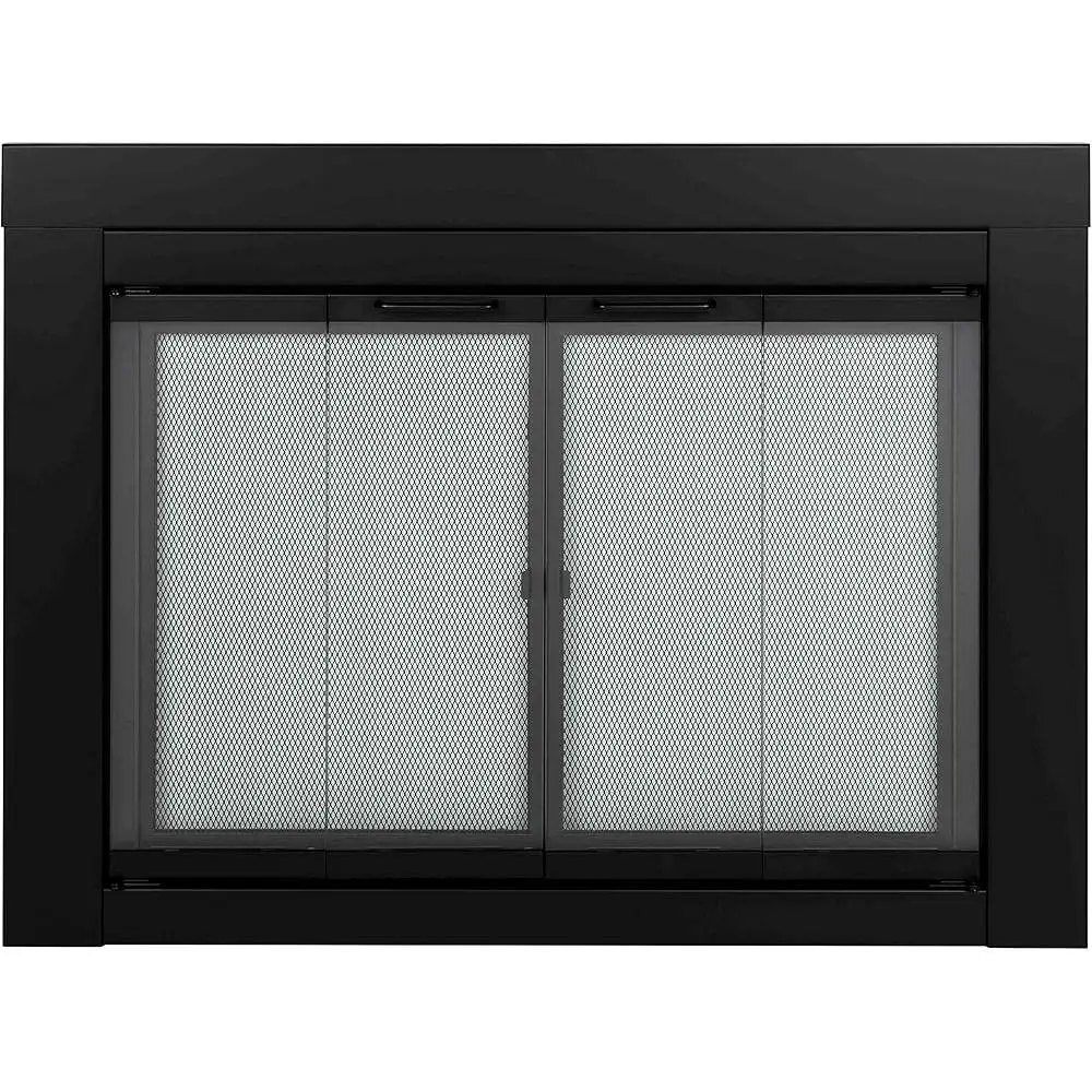 Small Black Fireplace Doors Tempered Glass Bi-Fold Design Clear View Air Control Slide Easy Grip Handles