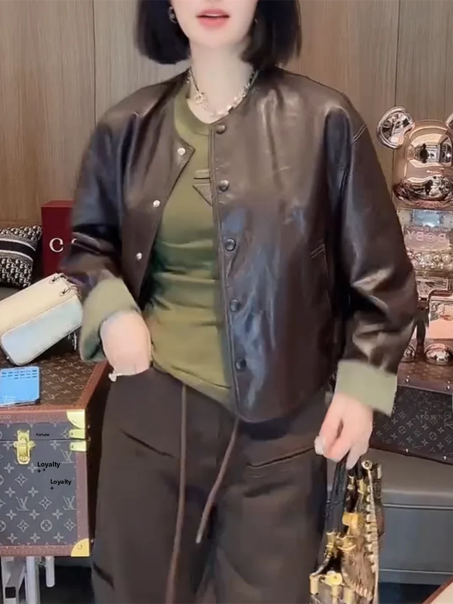 

Двусторонняя куртка из натуральной овчины с круглым вырезом, свободного кроя, новинка 2024 года, женское короткое пальто растительного дубления