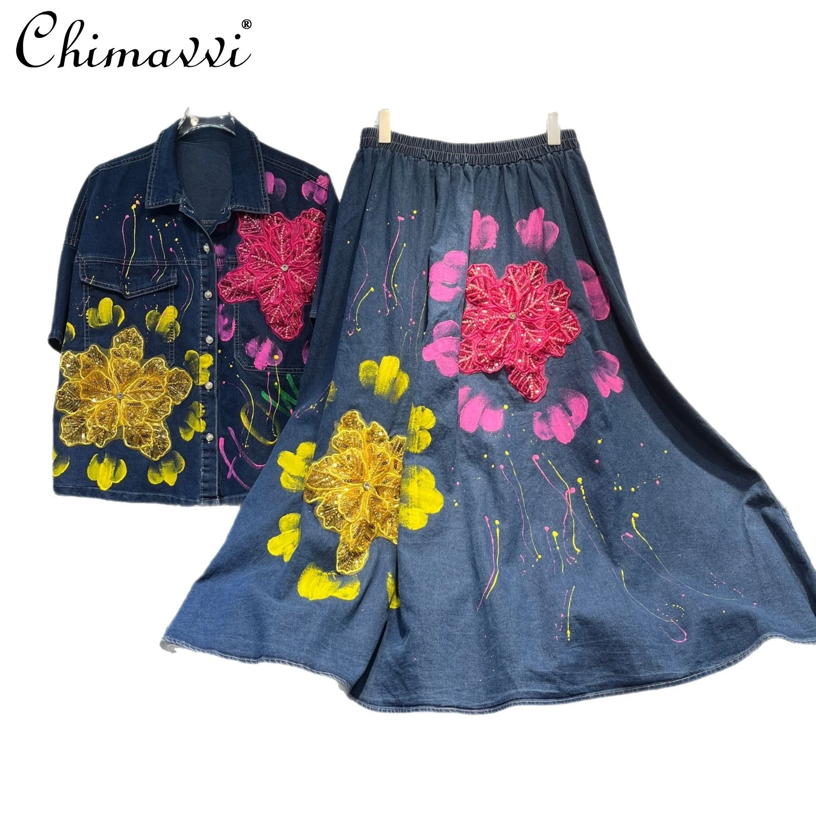 Europejska Letnia Nowa Moda Krótkie Rękawy Luźne Dwuczęściowe Zestawy Jeansowe Damskie Ciężkie Kwiatowe Top z Cekinami Długa Spódnica Komplety Damskie