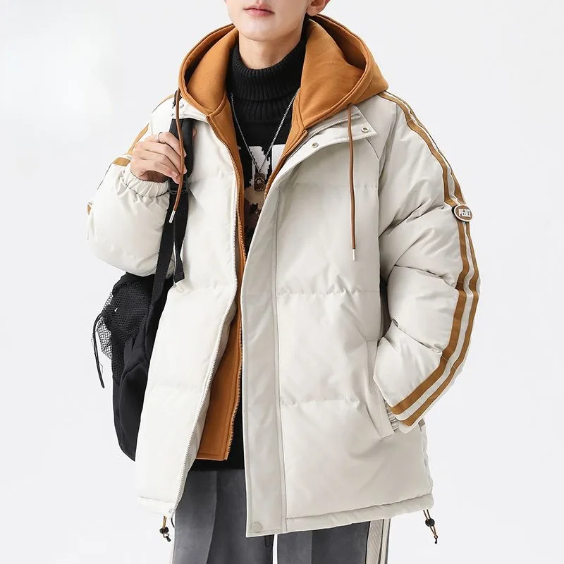 2023 New Men Cotton Coat Autumn Winter Jacket False Two Pieces Plus Fleece Thick Warm Parkas Loose Trend Outwear Hooded Overcoat