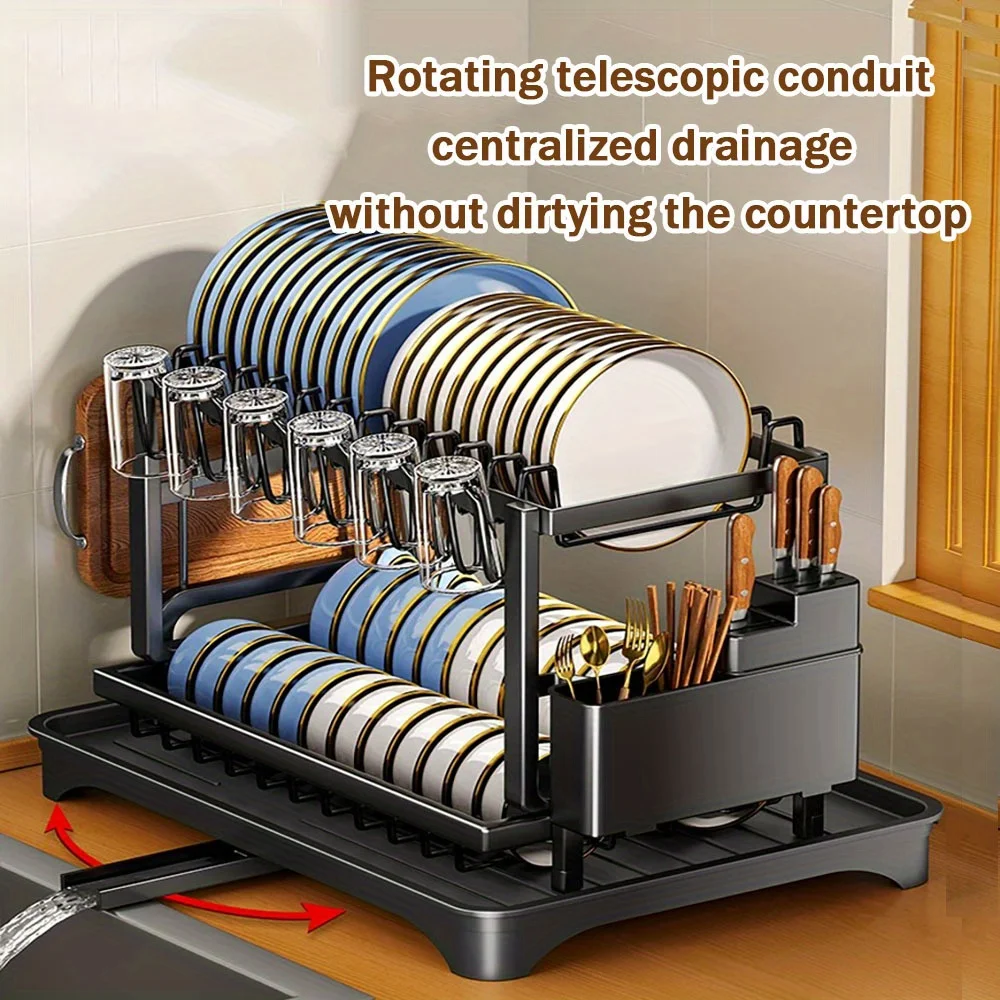 

Dish Rack - 2-Tier Foldable Kitchen Organizer with Utensil Holder & Drain Tray | Space-Saving Countertop Storage for Dishes/Cups