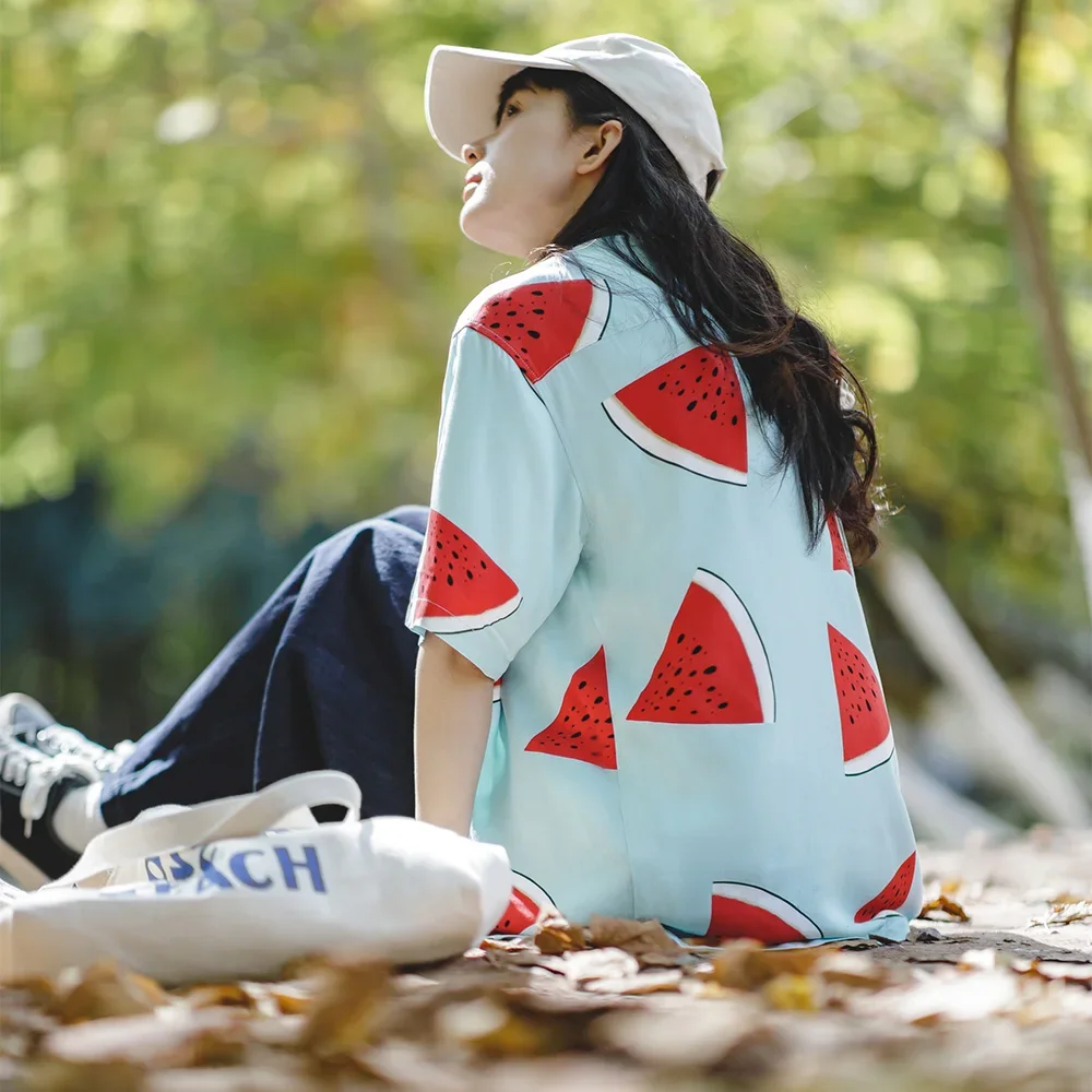 Imagem -05 - Maden Feminina Manga Curta com Estampa de Melancia Camisa Praia Havaiana Colarinho Cubano Solto Blusas Tropicais de Verão 2023