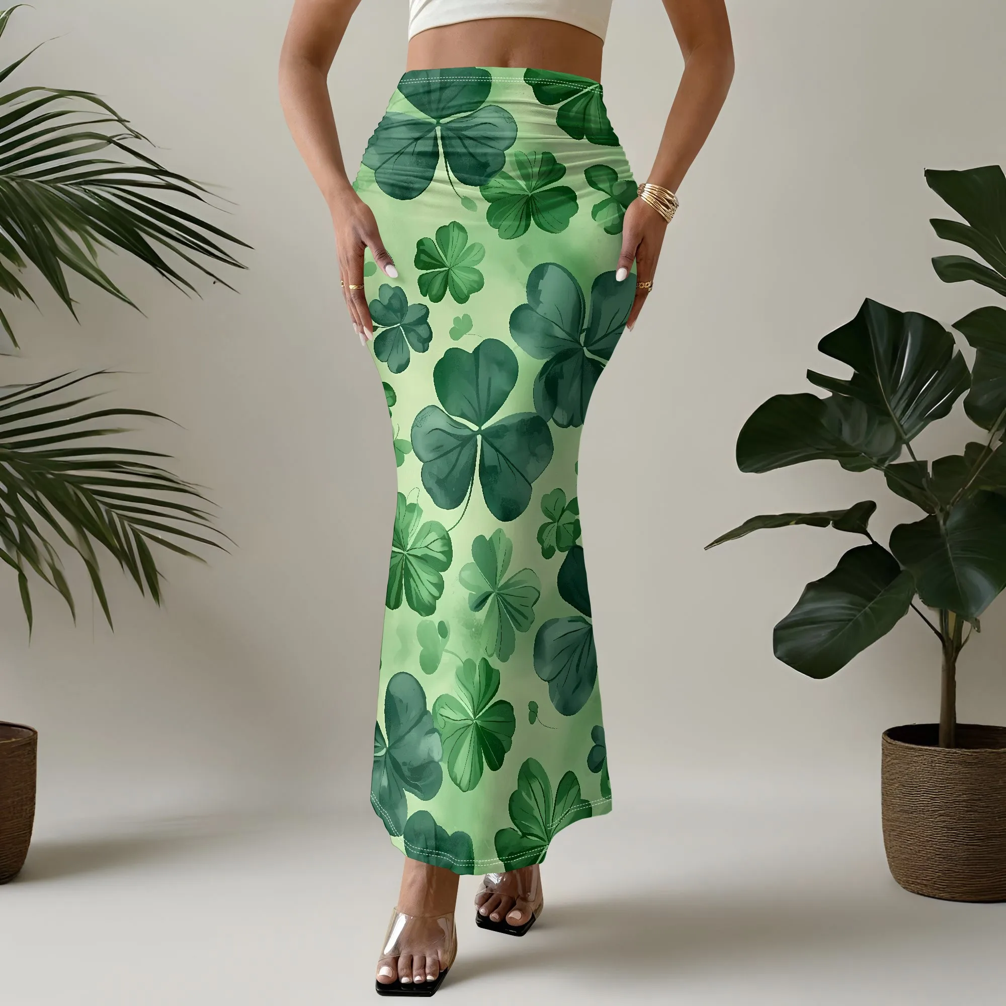 Clover Print Mermaid Skirt, Green Shamrock Pattern Maxi Skirt, St Patrick's Day Outfit, Irish Luck Theme Party Wear, S-2XL