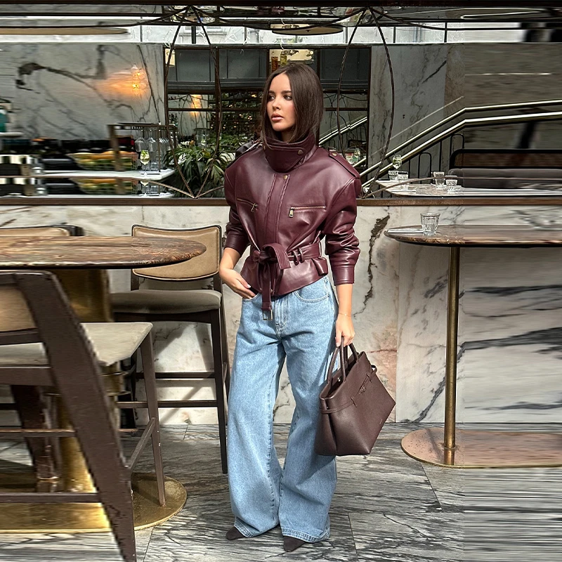 Jaket Kulit Wanita Vintage Kerah Tegak Saku Pendek Model Retro dengan Ikat Pinggang Ritsleting Pakaian Luar Musim Gugur Musim Dingin 2025 Terbaru