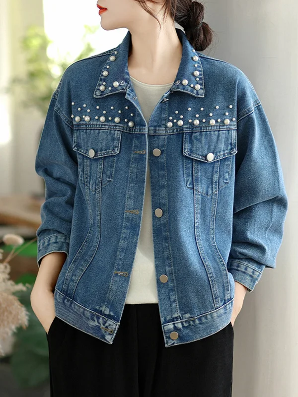 خريف 2025 جديد الدنيم عادية irt المرأة ربيع الخريف فضفاضة تناسب أمي ort ملابس خارجية زر علوي حتى طويل Sve تخفيف Sle