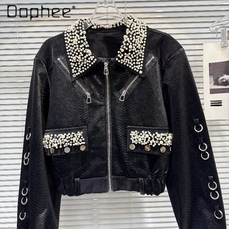 

Women's Elegant Socialite Short Coat Heavy Pearl Beading Rhinestone Snakeskin Printed PU Leather Jackets for Women Autumn New