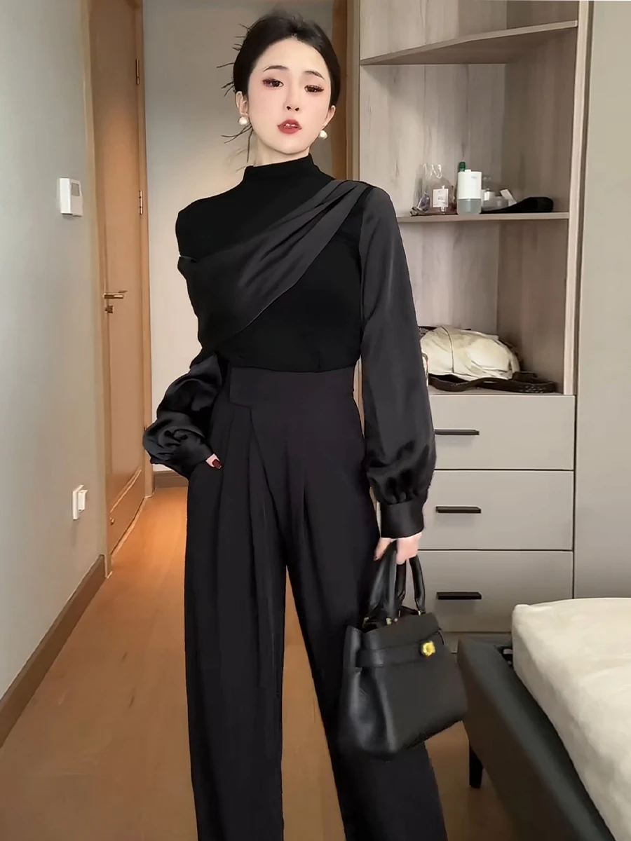 

Spring Faion plus Size Women's High Collar Top Wide Leg Pants Outfit Ele M Mature Sle Clothing Set Polyester Fabric