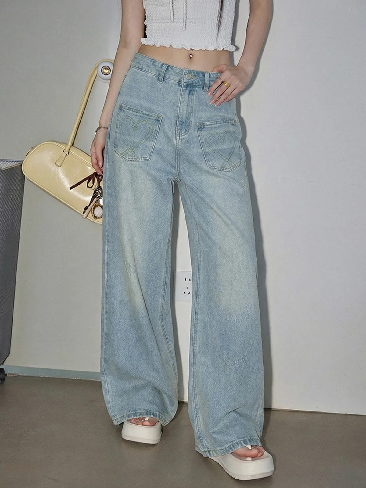 

Retro Sle Blue Wide Leg Denim Jeans Women's Loose Slimming Drapey Straight Long Pants Knife Pants High Waist Zipper Cl...