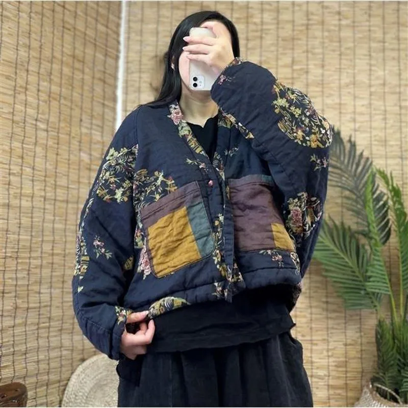 2023 Autumn Winter New Arts Style Women Long Sleeve Vintage Short Coat Thicken warm cotton linen print Bat Sleeved Jackets P166