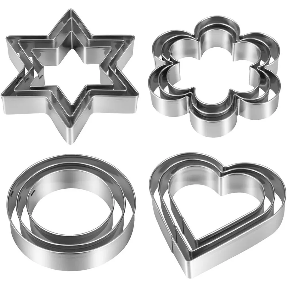 

12-Piece Stainless Steel Cookie Cutter Set with Heart, Star, Flower, Round Shapes for Holiday Baking