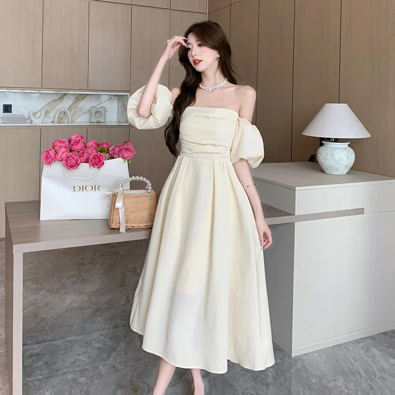 Yanling French Tube Top Dress New Midi Skirt Puff Sleeve Belly Covering Texture High-Grade Dress