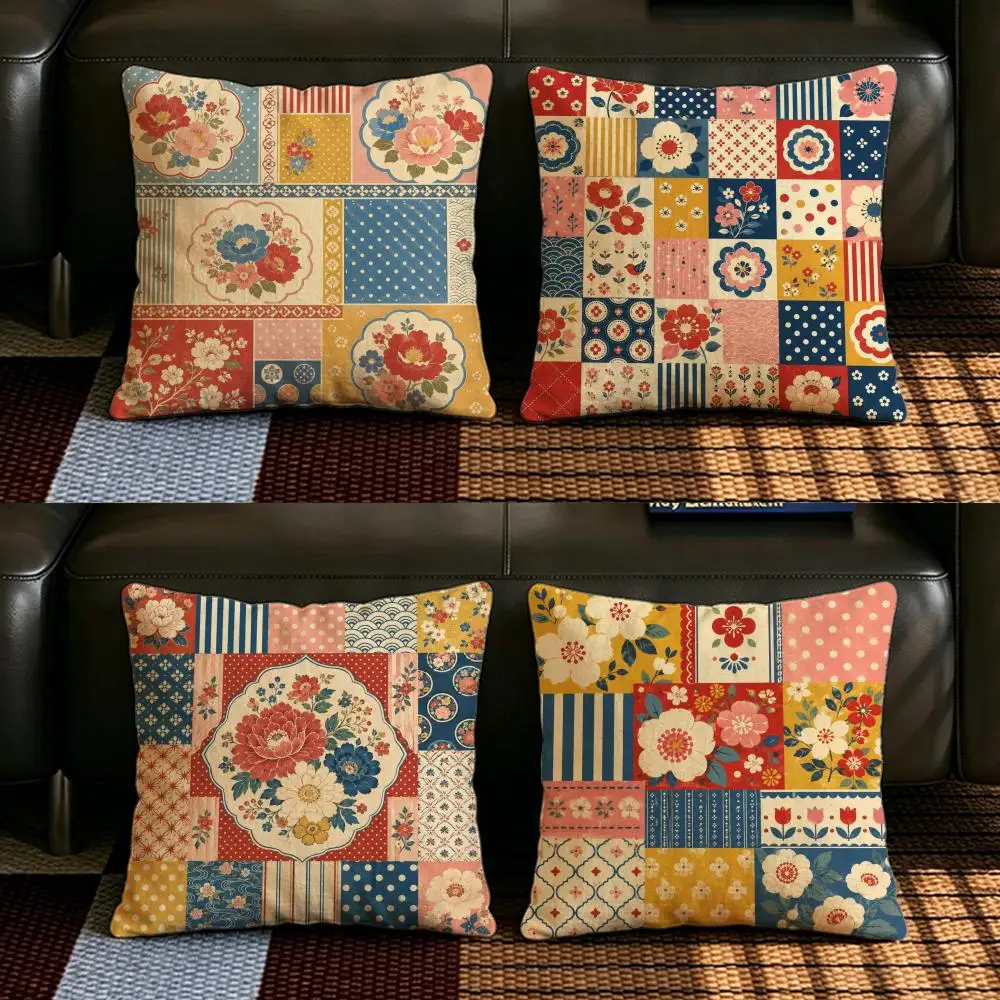 Pattern Vintage Collage Pattern Cushion Cover Natural Linen Pillowcase Set, All-in-One Decor for Sofa, Bedroom & Chair