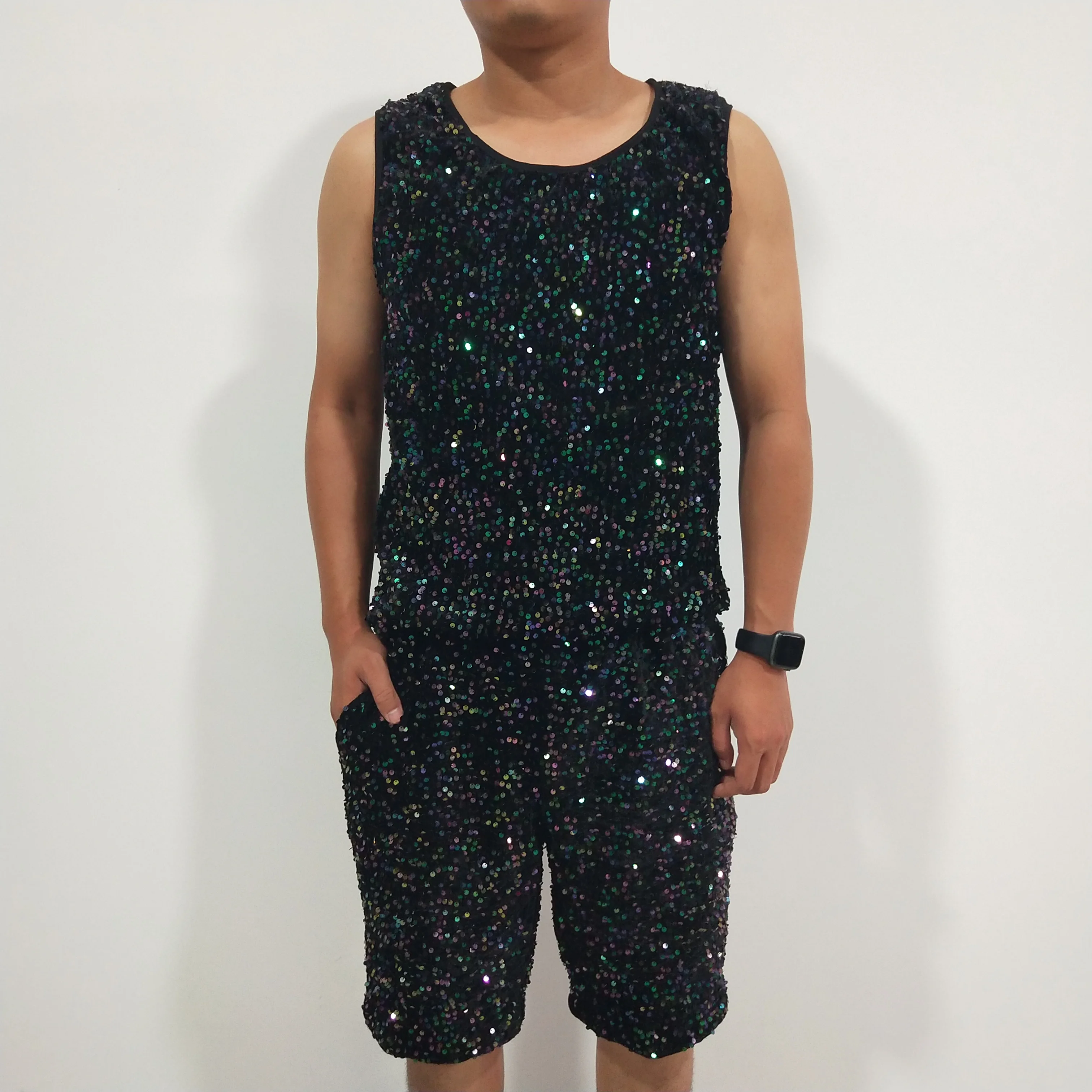 

Black Laser Bling Casual Sets Party Men Carnival Mirror Short Trousers Elastic Waist Stage Performance Singer Dance Costume